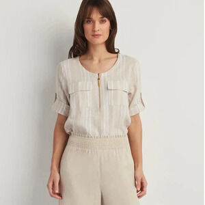 100% LINEN Ellen Tracy Striped Coastal Grandma Neutral Long Tunic Top Size S